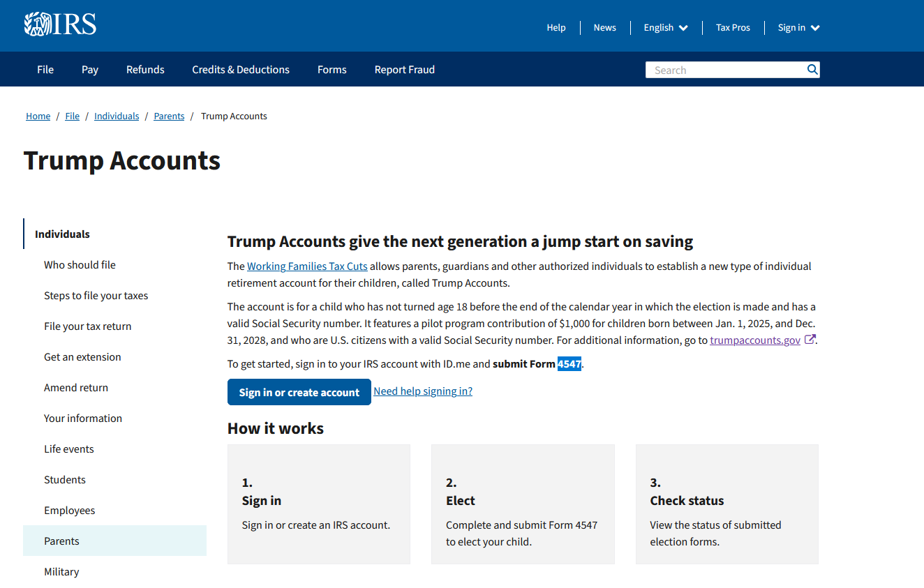 The irs.gov/trumpaccounts landing page showing the three-step How it works summary: sign in, elect, check status.