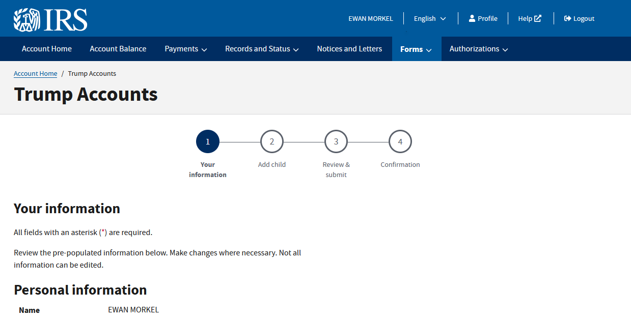Step 1 of the Trump Accounts wizard, Your information, with pre-populated personal details to review.
