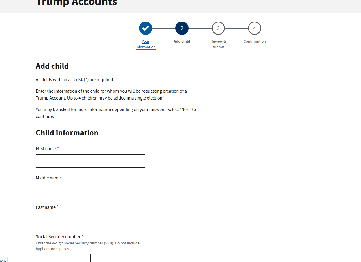 Step 2 of the wizard, Add child, with fields for the child's first, middle, and last name.