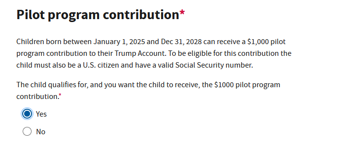 The Pilot program contribution question with Yes and No options to request the $1,000 federal contribution for the child.